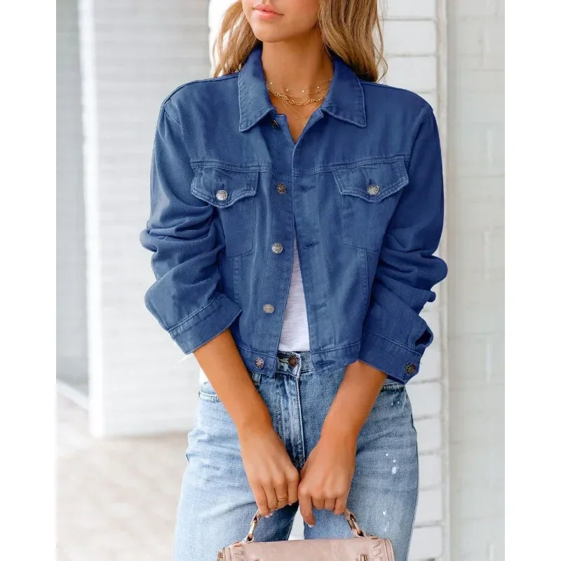 Mirla | Kort fickjacka Mode Streetwear Enkel knapp Trend Kvinnor Denim Jackor Långa ärmar Höst Ny Denim Denim Jackor-Eva Jonsson