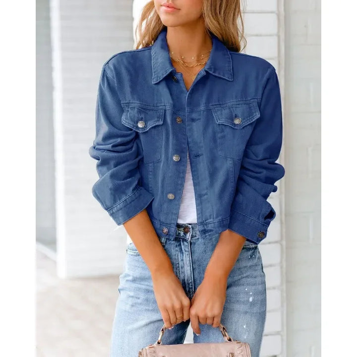 Mirla | Kort fickjacka Mode Streetwear Enkel knapp Trend Kvinnor Denim Jackor Långa ärmar Höst Ny Denim Denim Jackor-Eva Jonsson