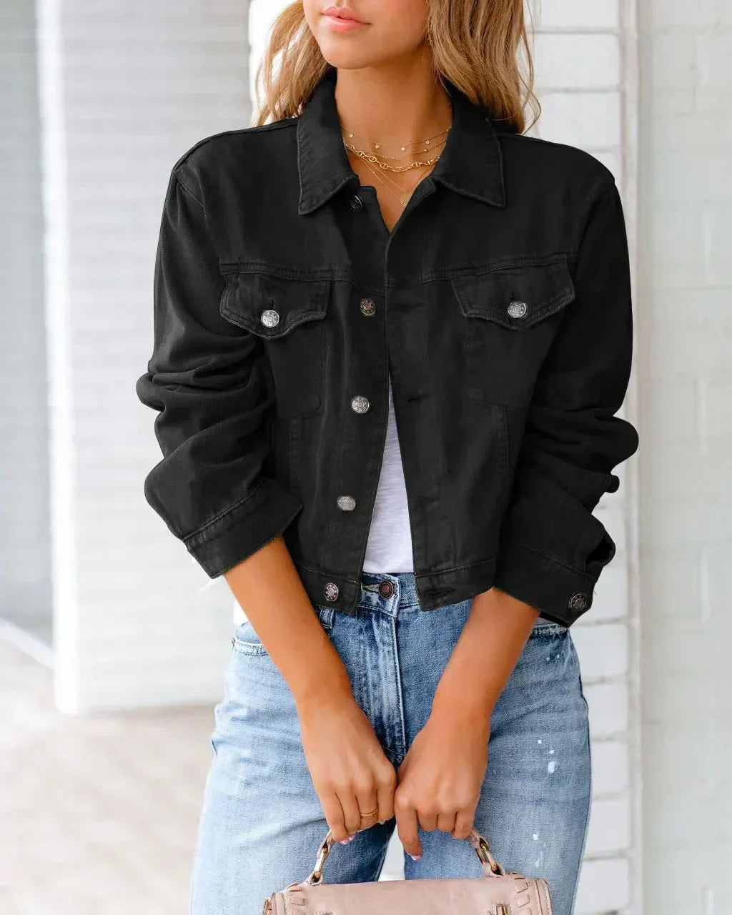 Mirla | Kort fickjacka Mode Streetwear Enkel knapp Trend Kvinnor Denim Jackor Långa ärmar Höst Ny Denim Denim Jackor-Eva Jonsson