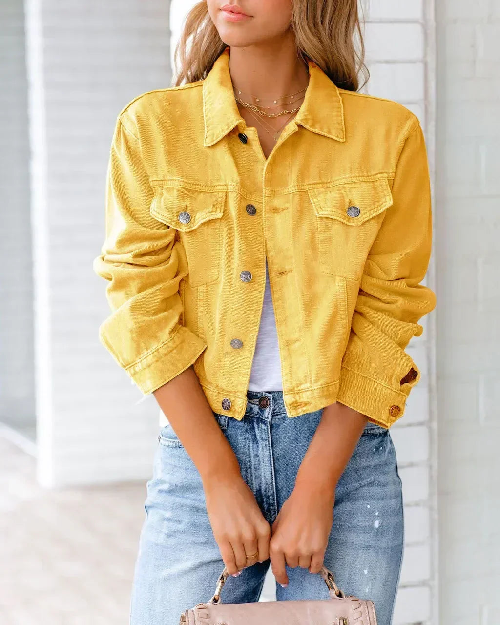 Mirla | Kort fickjacka Mode Streetwear Enkel knapp Trend Kvinnor Denim Jackor Långa ärmar Höst Ny Denim Denim Jackor-Eva Jonsson