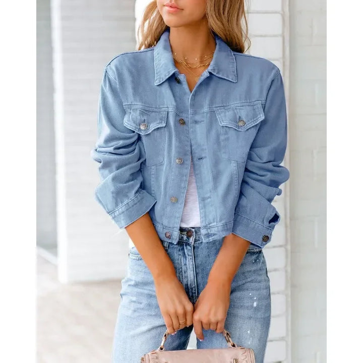 Mirla | Kort fickjacka Mode Streetwear Enkel knapp Trend Kvinnor Denim Jackor Långa ärmar Höst Ny Denim Denim Jackor-Eva Jonsson