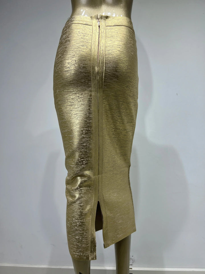 Mirla | Kvinna Sommarkjol Sexy Silver Guld Brons Midi Bandage Kjóle High Street Designer Smal Fest Midi Blyertkjol 78Cm-Eva Jonsson