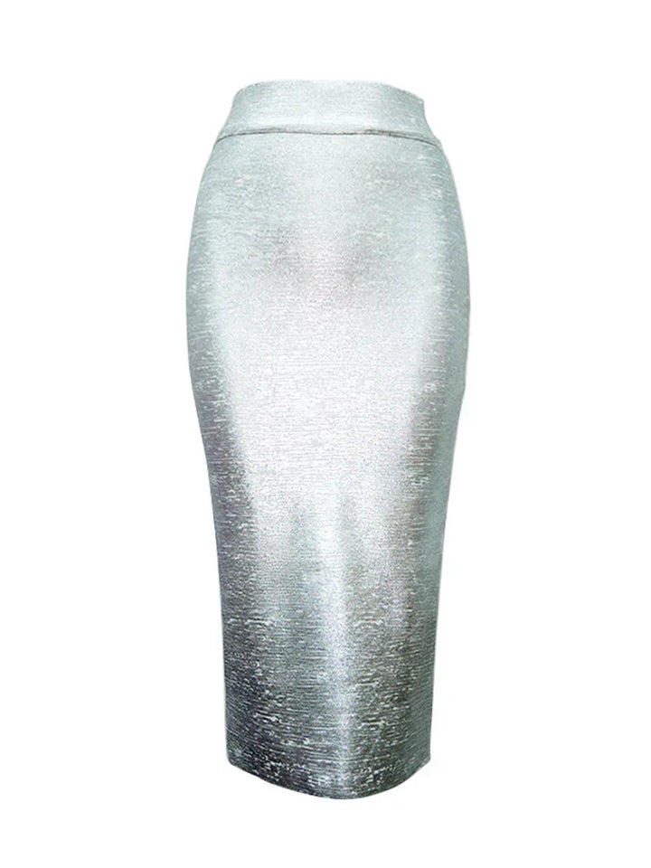 Mirla | Kvinna Sommarkjol Sexy Silver Guld Brons Midi Bandage Kjóle High Street Designer Smal Fest Midi Blyertkjol 78Cm-Eva Jonsson