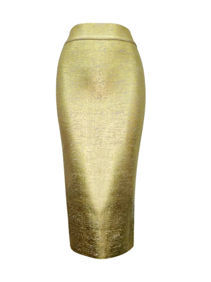 Mirla | Kvinna Sommarkjol Sexy Silver Guld Brons Midi Bandage Kjóle High Street Designer Smal Fest Midi Blyertkjol 78Cm-Eva Jonsson