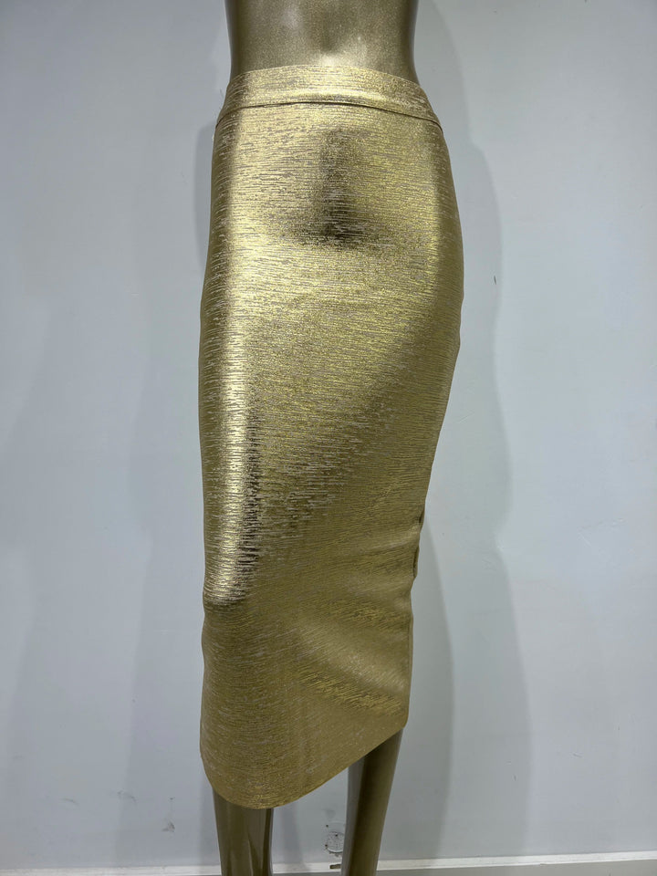 Mirla | Kvinna Sommarkjol Sexy Silver Guld Brons Midi Bandage Kjóle High Street Designer Smal Fest Midi Blyertkjol 78Cm-Eva Jonsson