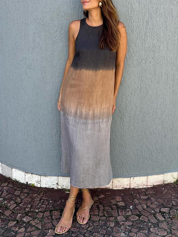 Mirla | Lång, ärmlös, lös klänning i bomull och linne med dämpad tie dye slits för kvinnor-Eva Jonsson