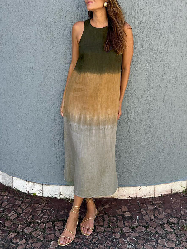 Mirla | Lång, ärmlös, lös klänning i bomull och linne med dämpad tie dye slits för kvinnor-Eva Jonsson