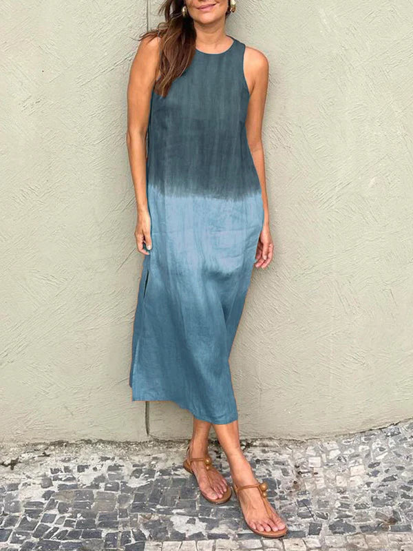 Mirla | Lång, ärmlös, lös klänning i bomull och linne med dämpad tie dye slits för kvinnor-Eva Jonsson