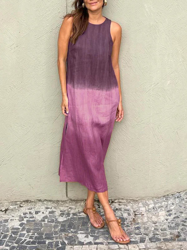 Mirla | Lång, ärmlös, lös klänning i bomull och linne med dämpad tie dye slits för kvinnor-Eva Jonsson