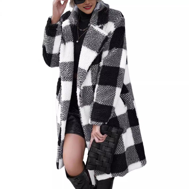 Mirla | Lång kappa Oversized Fit Mjuk Sherpa-textur Rutmönster Wickelkrage-Eva Jonsson