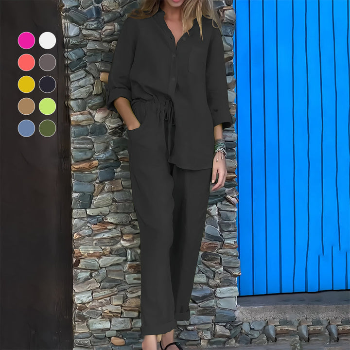 Mirla | Långärmad skjorta och byxor i bomull och linne för damer-Eva Jonsson