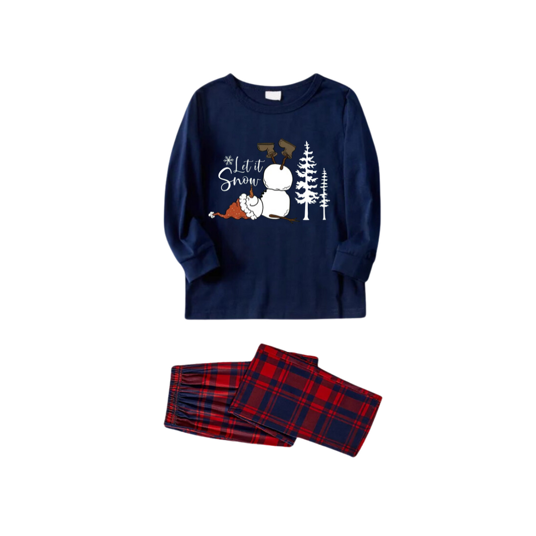 Eva Jonsson | Låt Det Snöa Slogan och Snögubbe Tryckta Röda och Blå Rutiga Jul-Matchande Pyjamas-Eva Jonsson