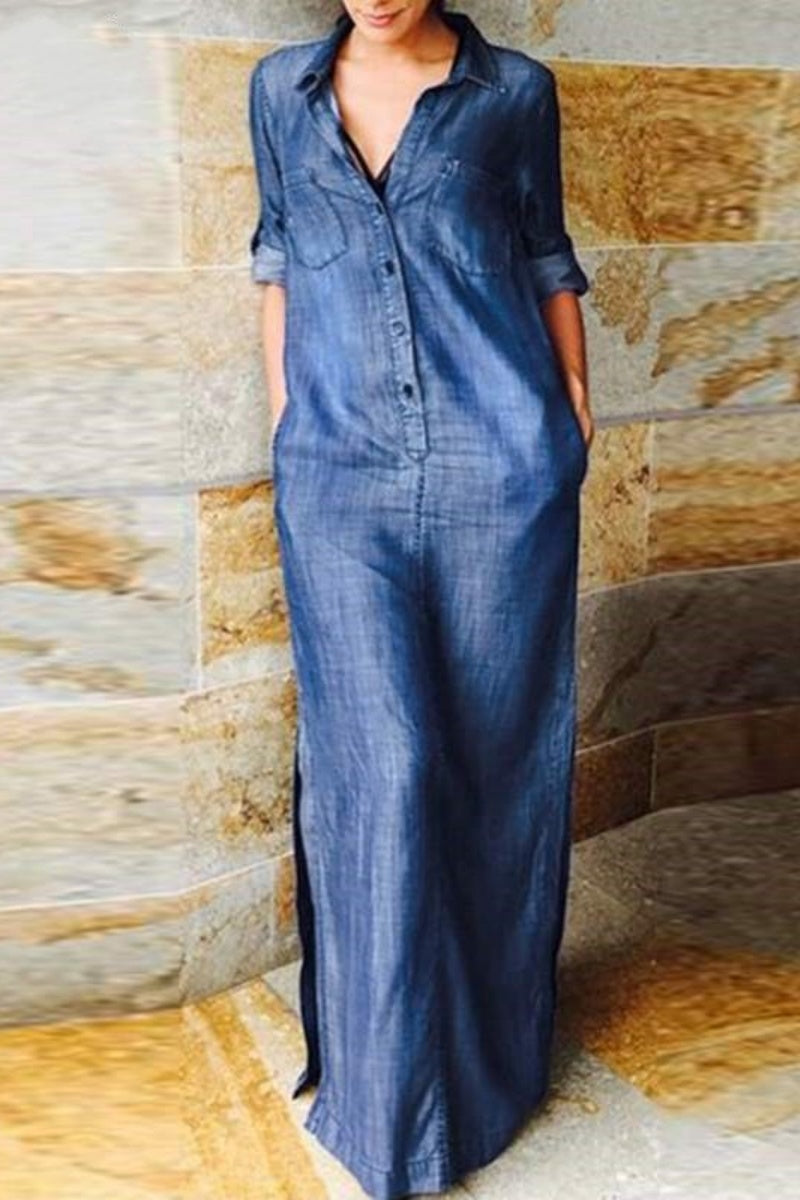 Mirla | Lätt Enfärgad Väska Uppvikt Krage Långärmad Reglerad Denim Klänningar - 3 Färger-Eva Jonsson