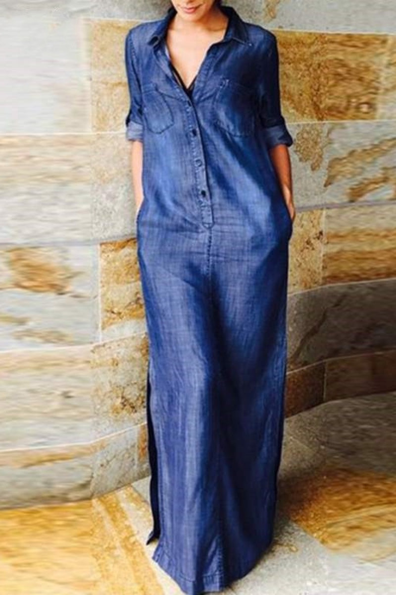 Mirla | Lätt Enfärgad Väska Uppvikt Krage Långärmad Reglerad Denim Klänningar - 3 Färger-Eva Jonsson