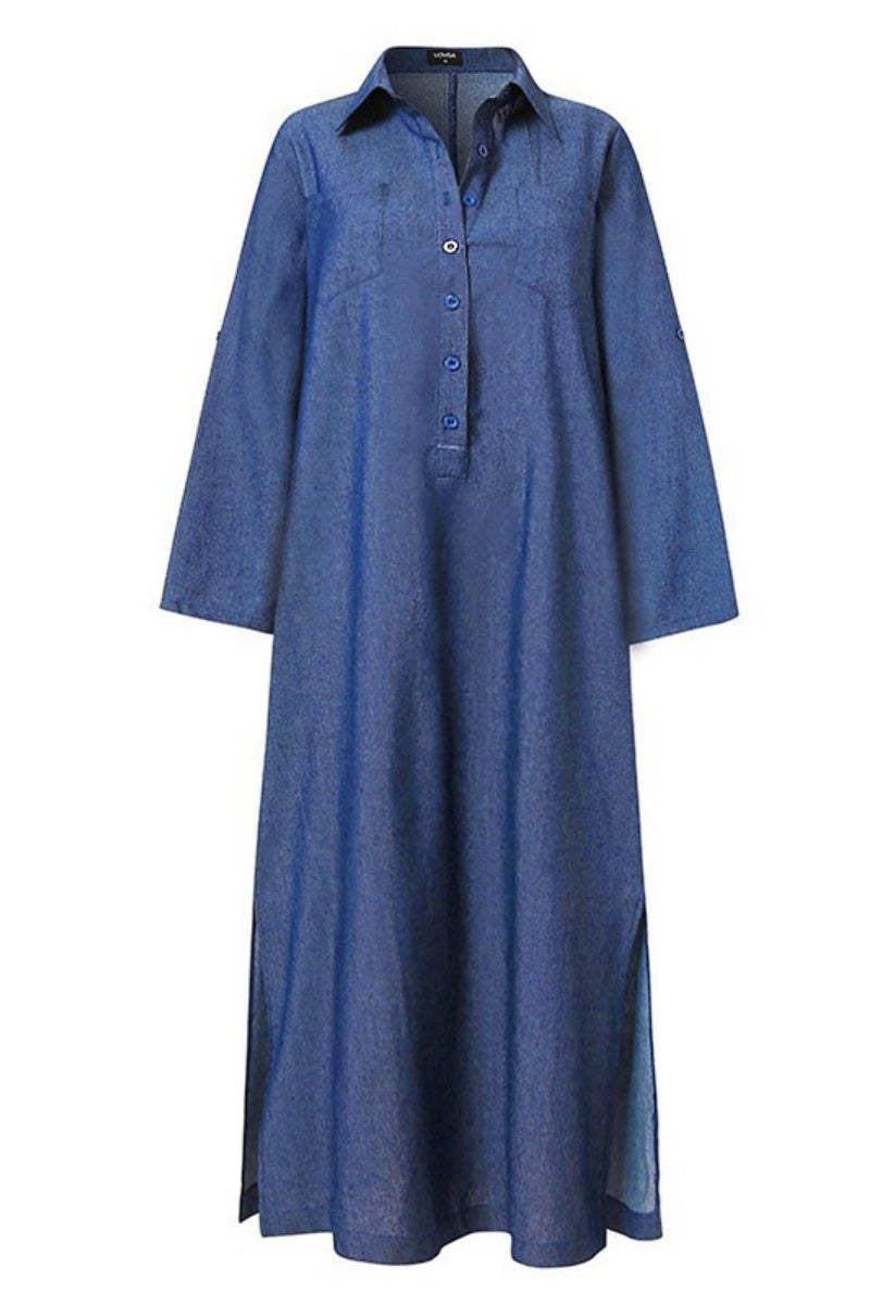 Mirla | Lätt Enfärgad Väska Uppvikt Krage Långärmad Reglerad Denim Klänningar - 3 Färger-Eva Jonsson