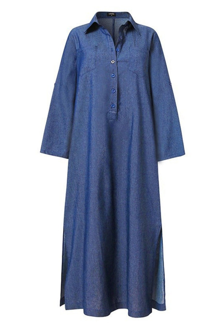 Mirla | Lätt Enfärgad Väska Uppvikt Krage Långärmad Reglerad Denim Klänningar - 3 Färger-Eva Jonsson