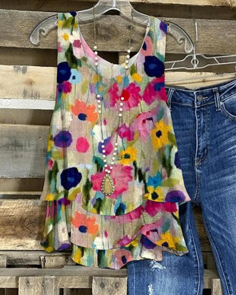 Mirla | Layered ärmlös topp med blommotiv-Eva Jonsson