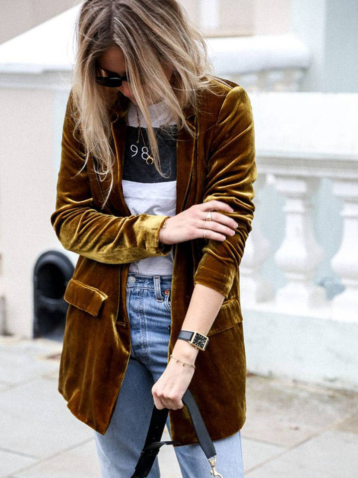 Mirla | Medium-Lång Samt Blazer Knappar Fickor Långa Ärm Damen Elegant Mode Jacka-Eva Jonsson