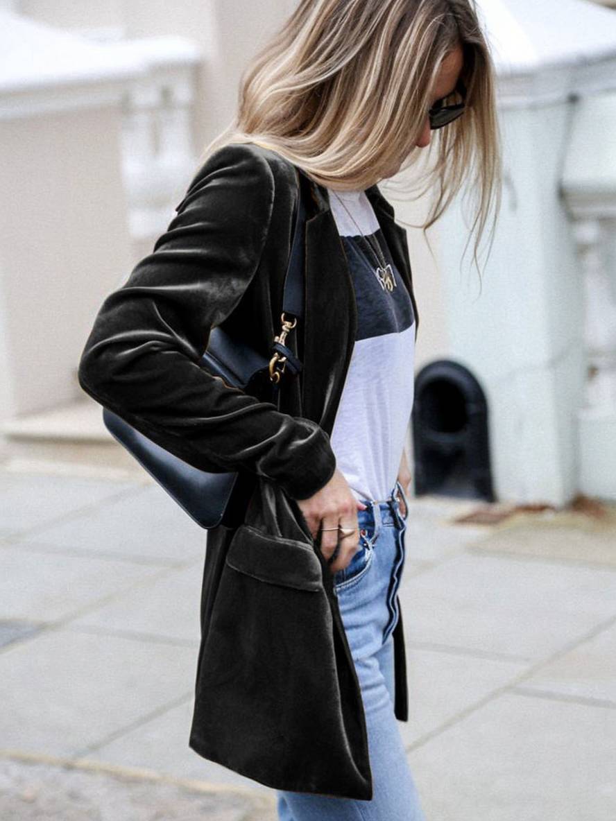 Mirla | Medium-Lång Samt Blazer Knappar Fickor Långa Ärm Damen Elegant Mode Jacka-Eva Jonsson