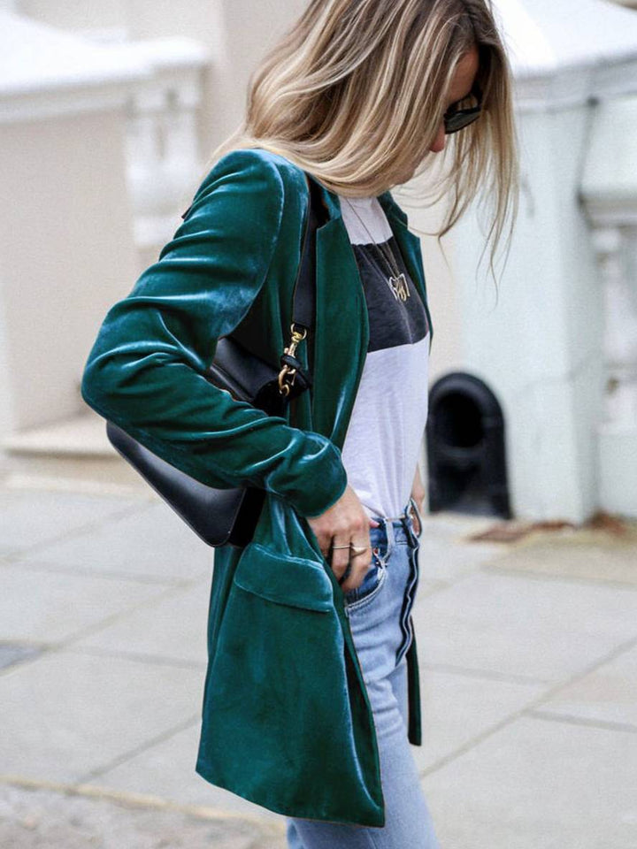 Mirla | Medium-Lång Samt Blazer Knappar Fickor Långa Ärm Damen Elegant Mode Jacka-Eva Jonsson