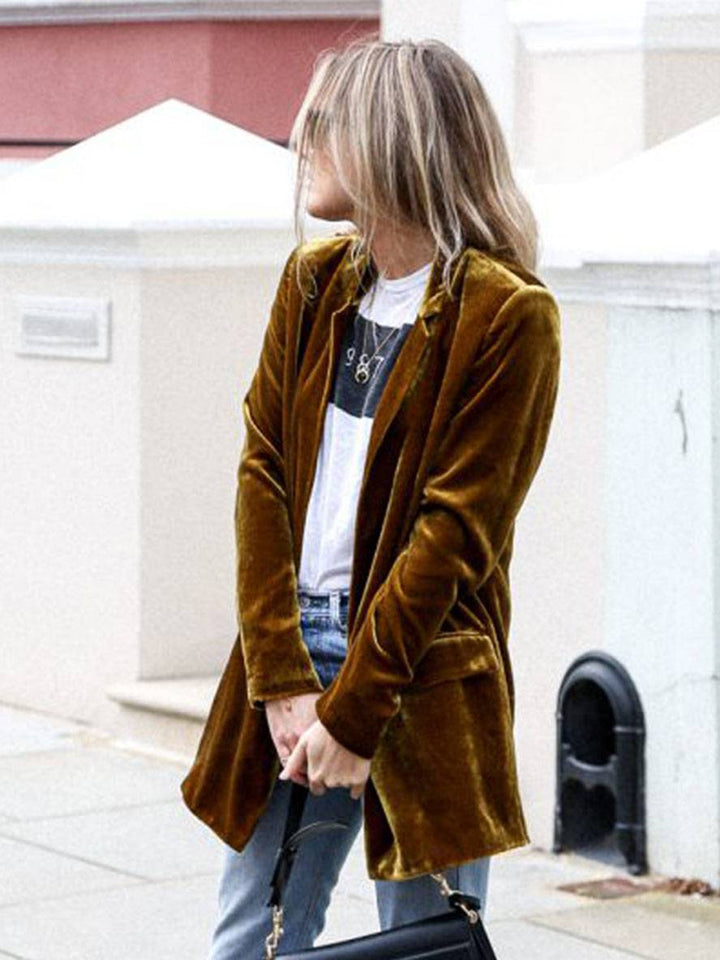 Mirla | Medium-Lång Samt Blazer Knappar Fickor Långa Ärm Damen Elegant Mode Jacka-Eva Jonsson