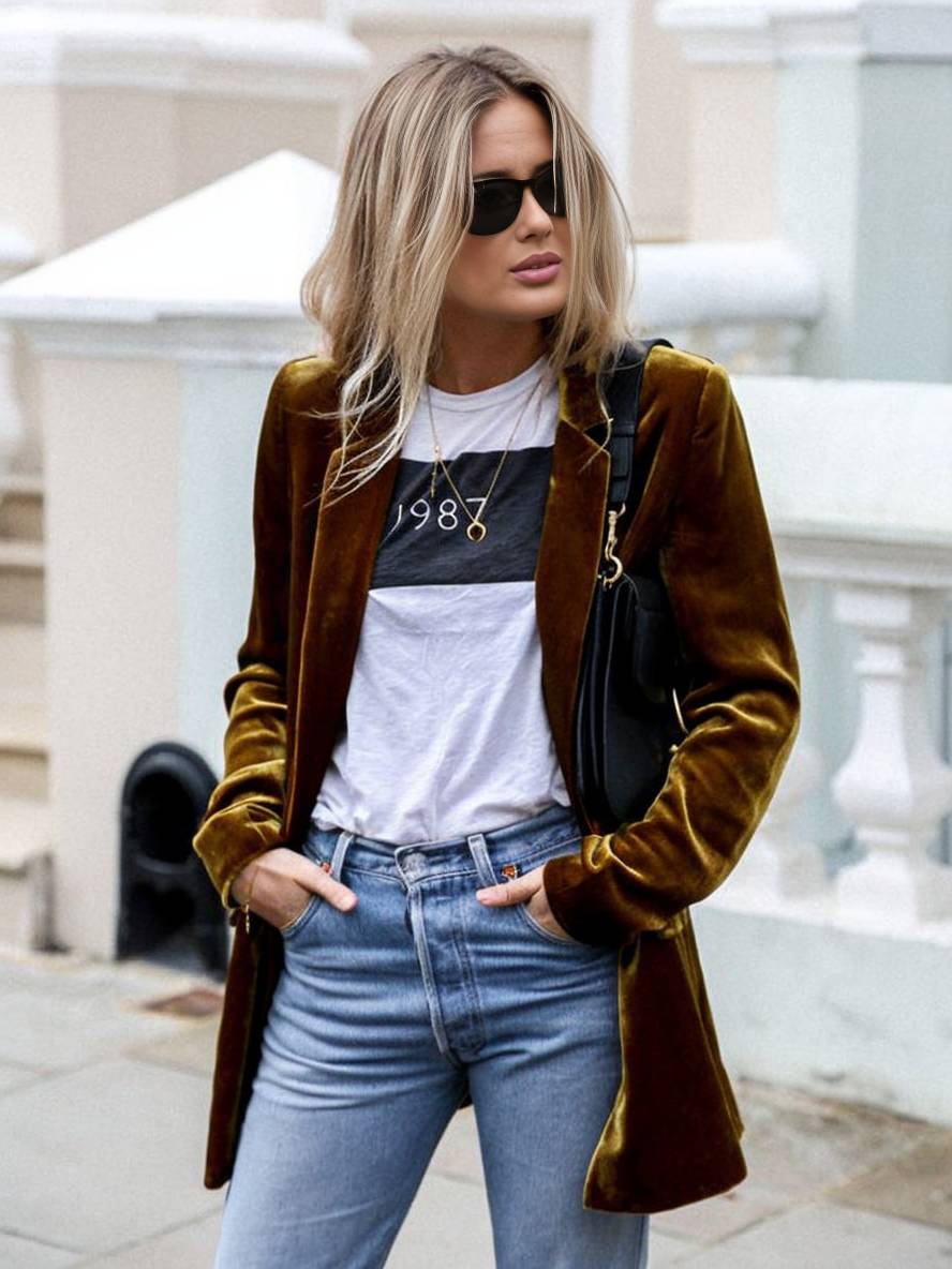 Mirla | Medium-Lång Samt Blazer Knappar Fickor Långa Ärm Damen Elegant Mode Jacka-Eva Jonsson
