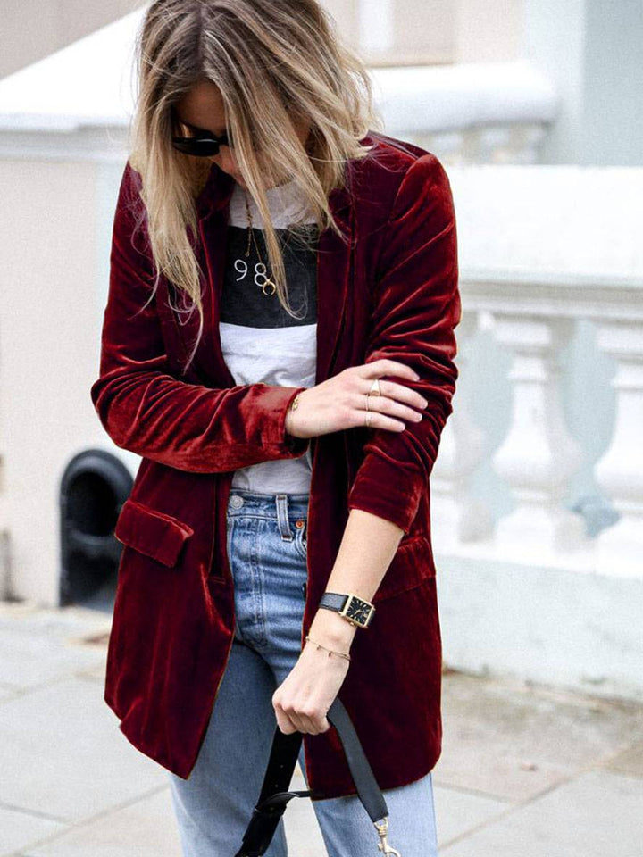 Mirla | Medium-Lång Samt Blazer Knappar Fickor Långa Ärm Damen Elegant Mode Jacka-Eva Jonsson