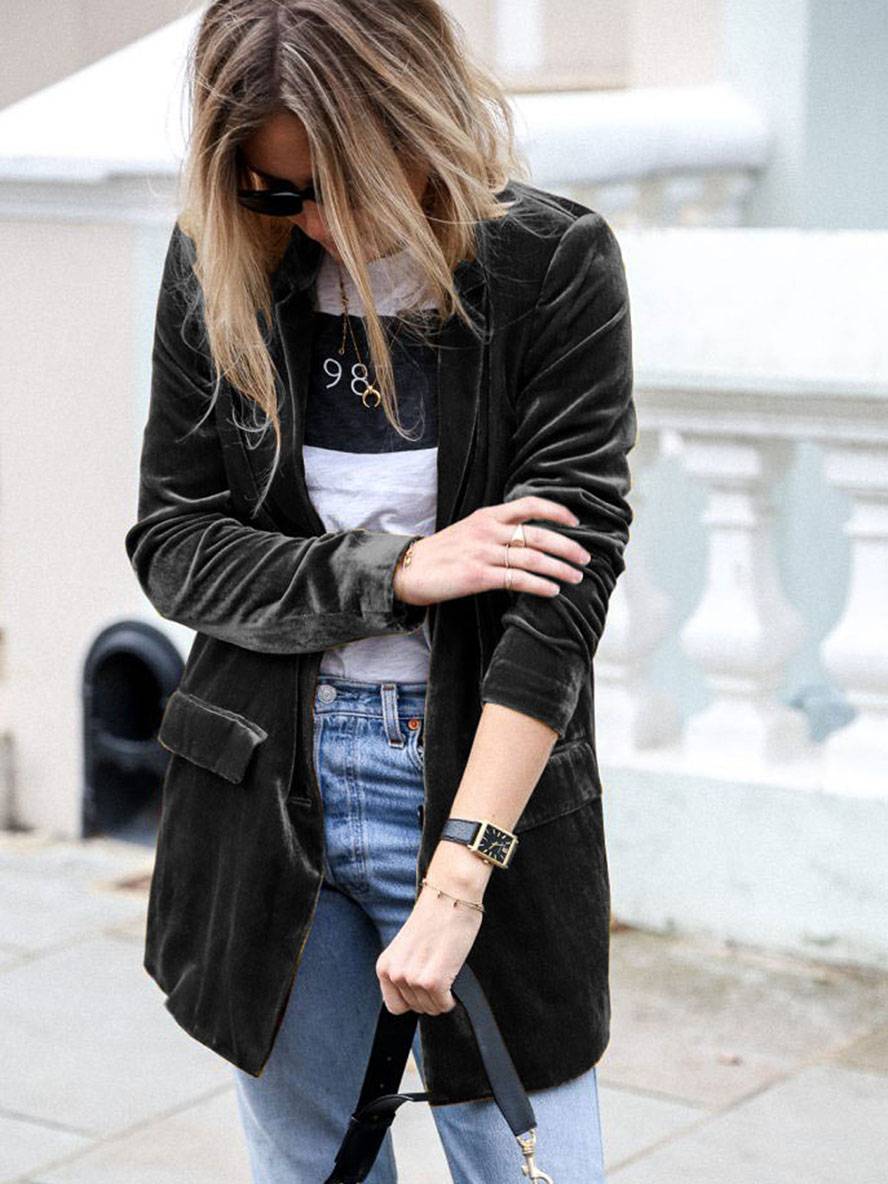 Mirla | Medium-Lång Samt Blazer Knappar Fickor Långa Ärm Damen Elegant Mode Jacka-Eva Jonsson