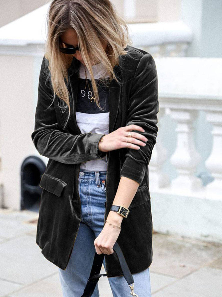 Mirla | Medium-Lång Samt Blazer Knappar Fickor Långa Ärm Damen Elegant Mode Jacka-Eva Jonsson