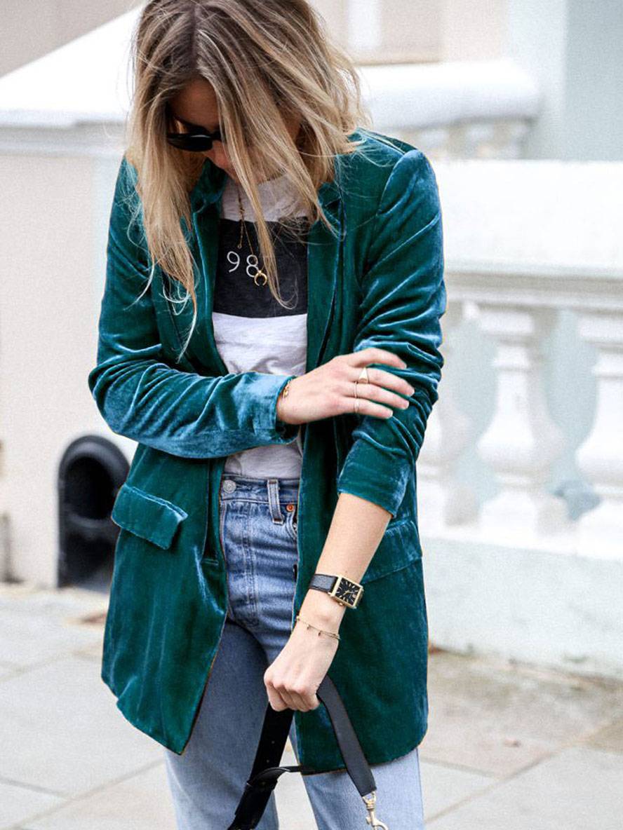Mirla | Medium-Lång Samt Blazer Knappar Fickor Långa Ärm Damen Elegant Mode Jacka-Eva Jonsson
