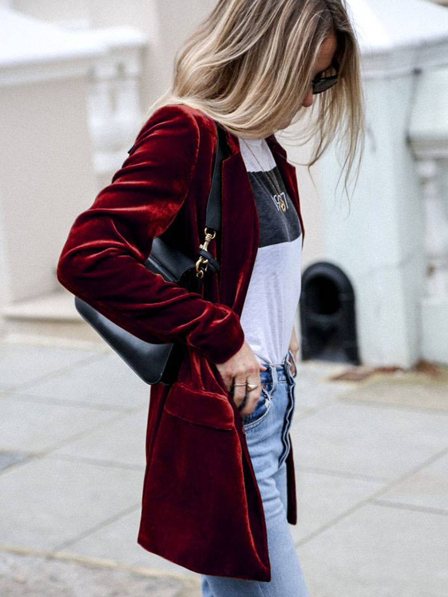Mirla | Medium-Lång Samt Blazer Knappar Fickor Långa Ärm Damen Elegant Mode Jacka-Eva Jonsson