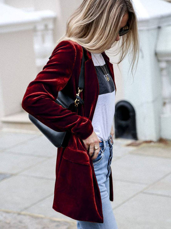 Mirla | Medium-Lång Samt Blazer Knappar Fickor Långa Ärm Damen Elegant Mode Jacka-Eva Jonsson