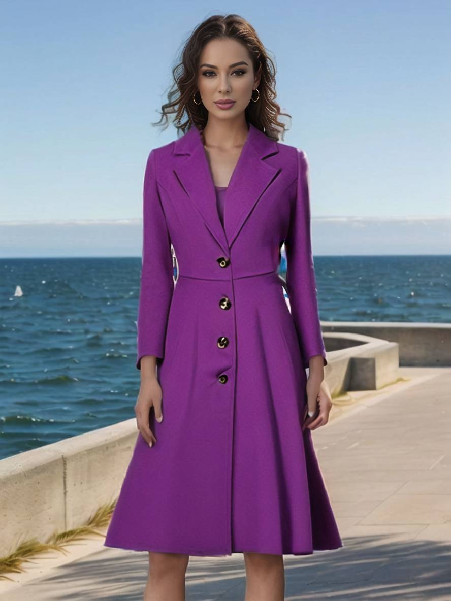 Mirla | Mid-Längd Kappa I Ull A-Linje Knappar Reverse Krage Långa Ärmar Damer Elegant Casual Casual Väst-Eva Jonsson