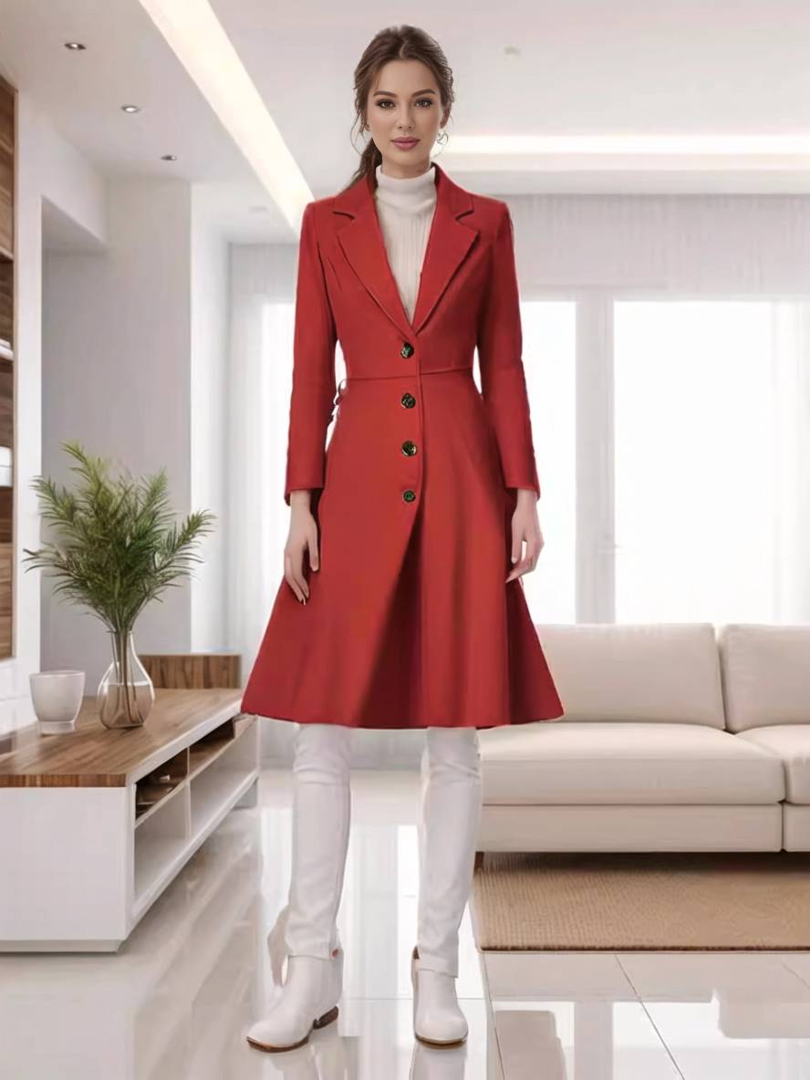 Mirla | Mid-Längd Kappa I Ull A-Linje Knappar Reverse Krage Långa Ärmar Damer Elegant Casual Casual Väst-Eva Jonsson