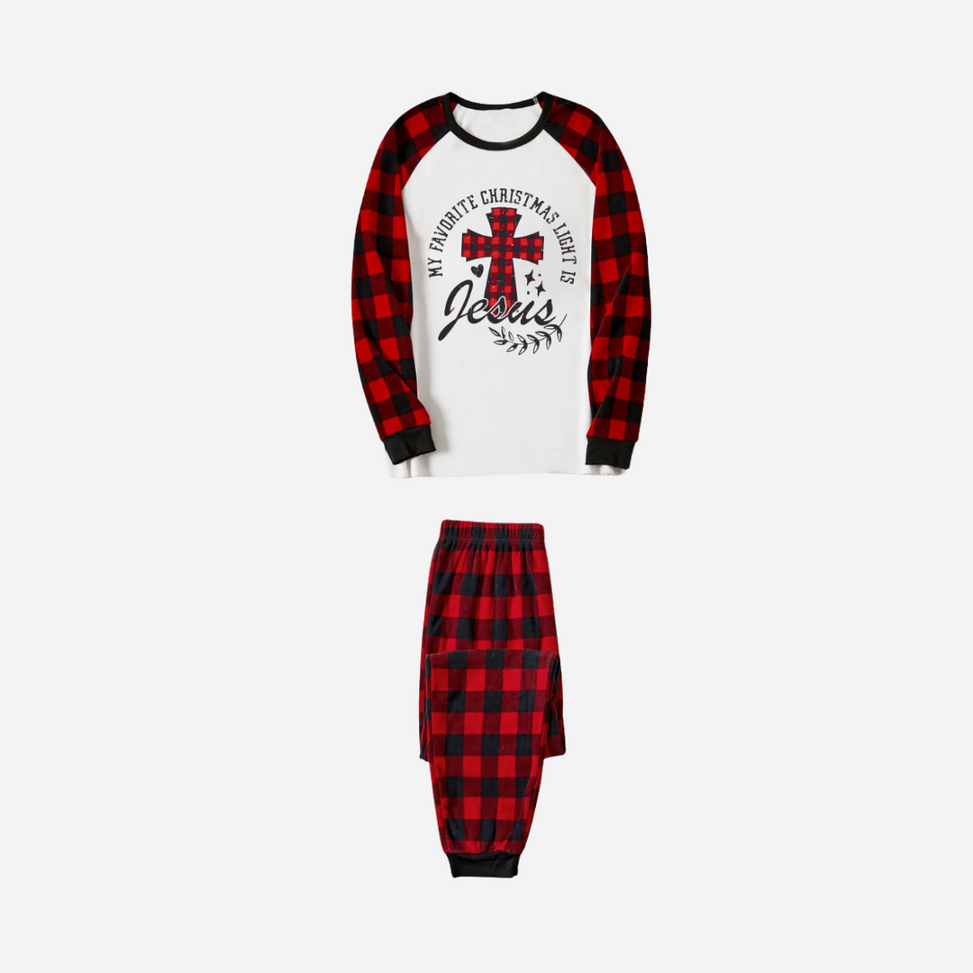 Eva Jonsson | Min Favorit Julbelysning Är Jesus Familje Julpyjamas Set - Vitt Överdel med Röda Rutiga Ärmar och Röda Rutiga Byxor-Eva Jonsson