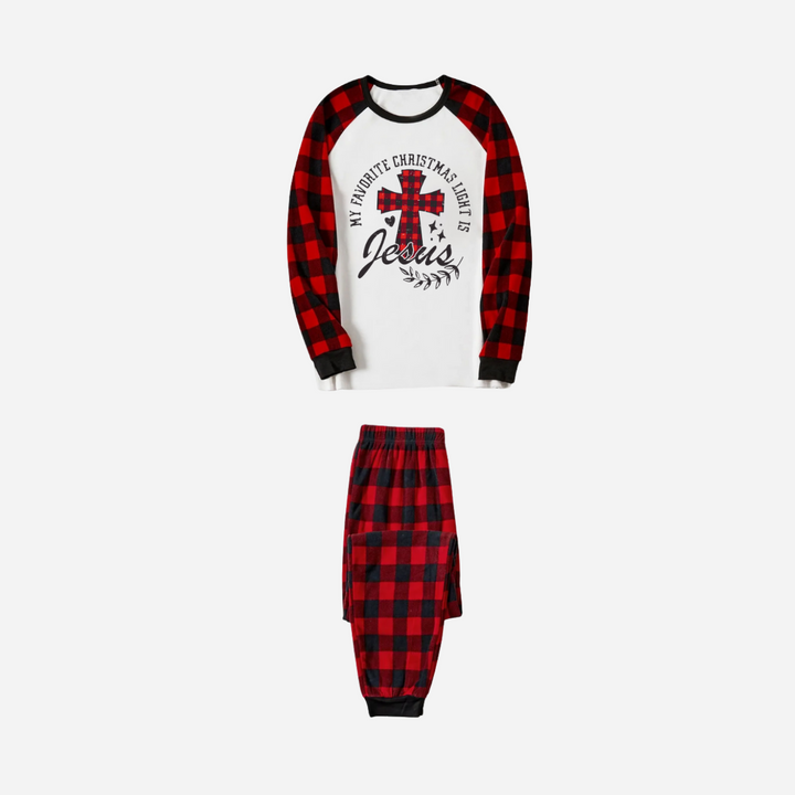 Eva Jonsson | Min Favorit Julbelysning Är Jesus Familje Julpyjamas Set - Vitt Överdel med Röda Rutiga Ärmar och Röda Rutiga Byxor-Eva Jonsson