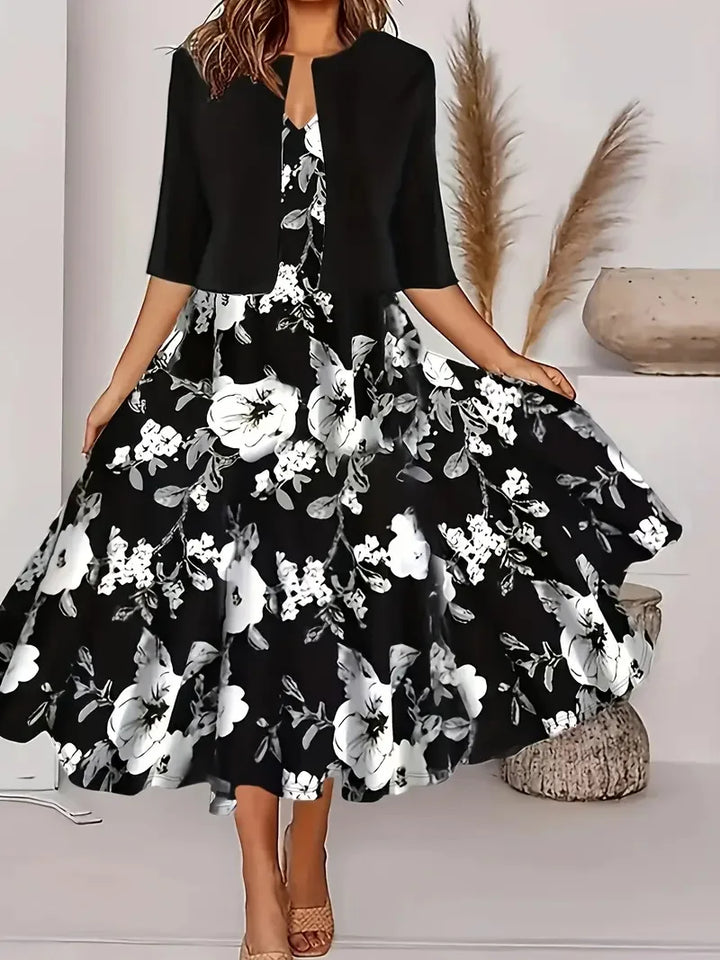 Mirla | Ny för sommaren! Eu Us höst kvinna 2 lång klänning set blommor och gräs punkt crew neck klänning med chiffong kort jacka-Eva Jonsson