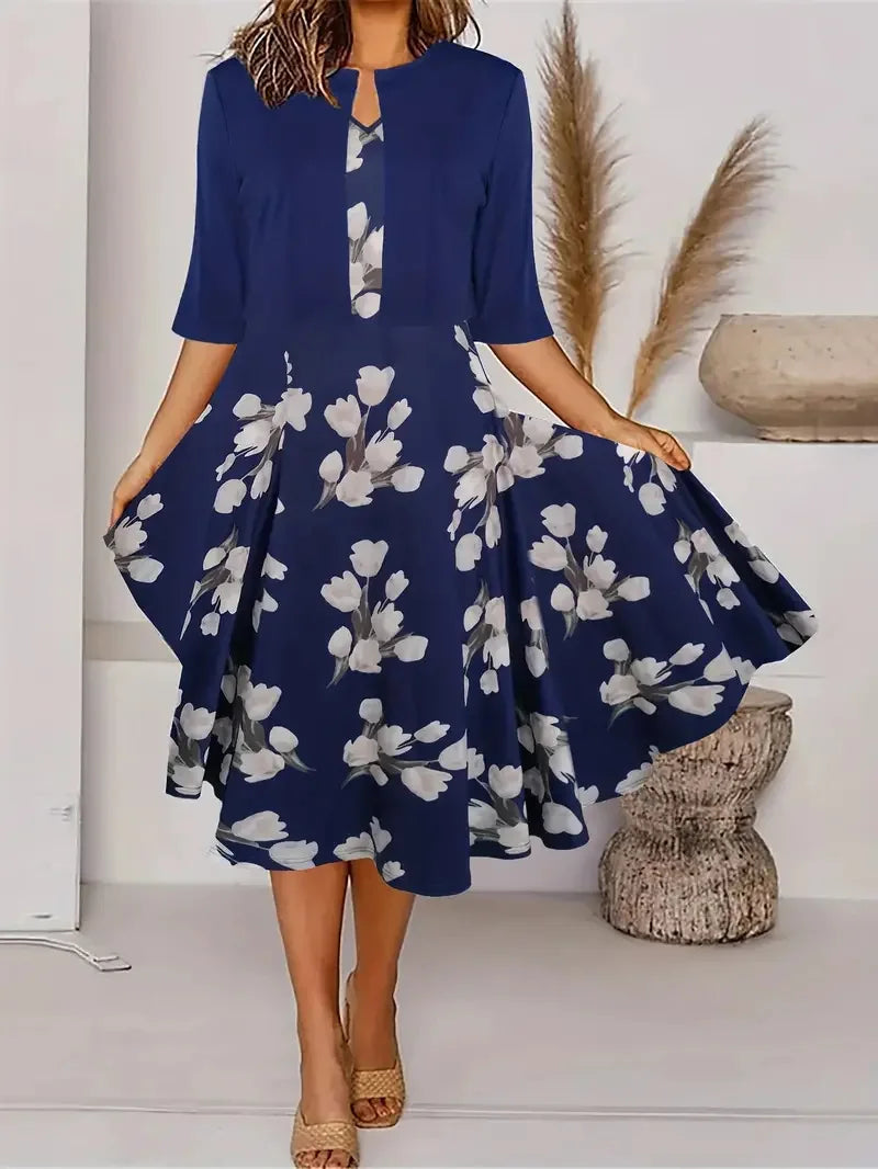 Mirla | Ny för sommaren! Eu Us höst kvinna 2 lång klänning set blommor och gräs punkt crew neck klänning med chiffong kort jacka-Eva Jonsson