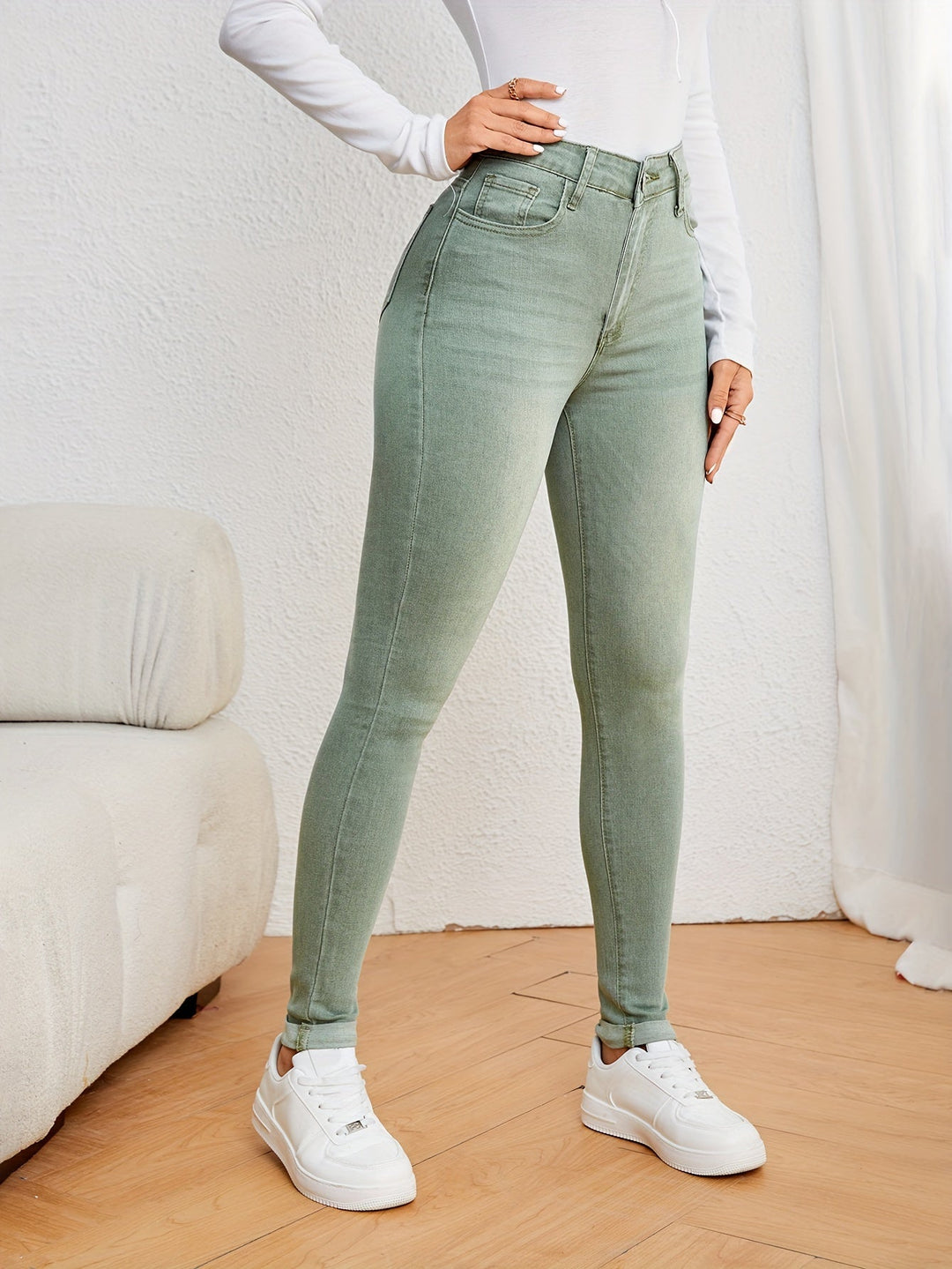 Mirla | Olivgröna High Waist Slim Fit Jeans med Stretch Denim-Eva Jonsson