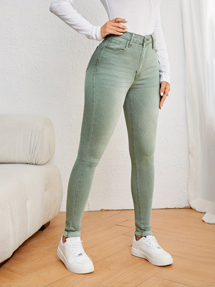 Mirla | Olivgröna High Waist Slim Fit Jeans med Stretch Denim-Eva Jonsson