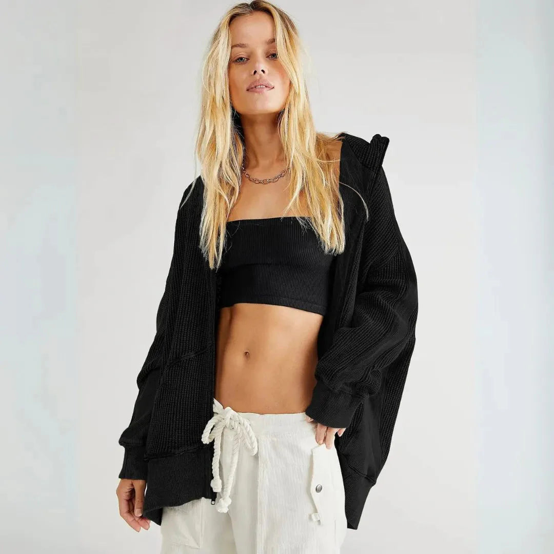 Mirla | Överdimensionerad Våffelstickad Zip-Hoodie-Eva Jonsson