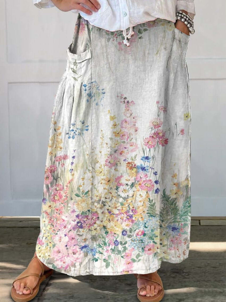 Mirla | Retro Eleganta Florala Konst Linne Elastisk Midjeband Kappkjol-Eva Jonsson