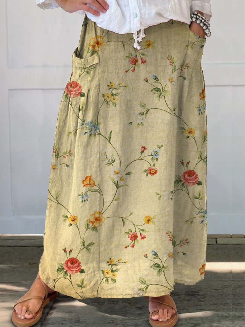 Mirla | Retro Eleganta Florala Konst Linne Elastisk Midjeband Kappkjol-Eva Jonsson