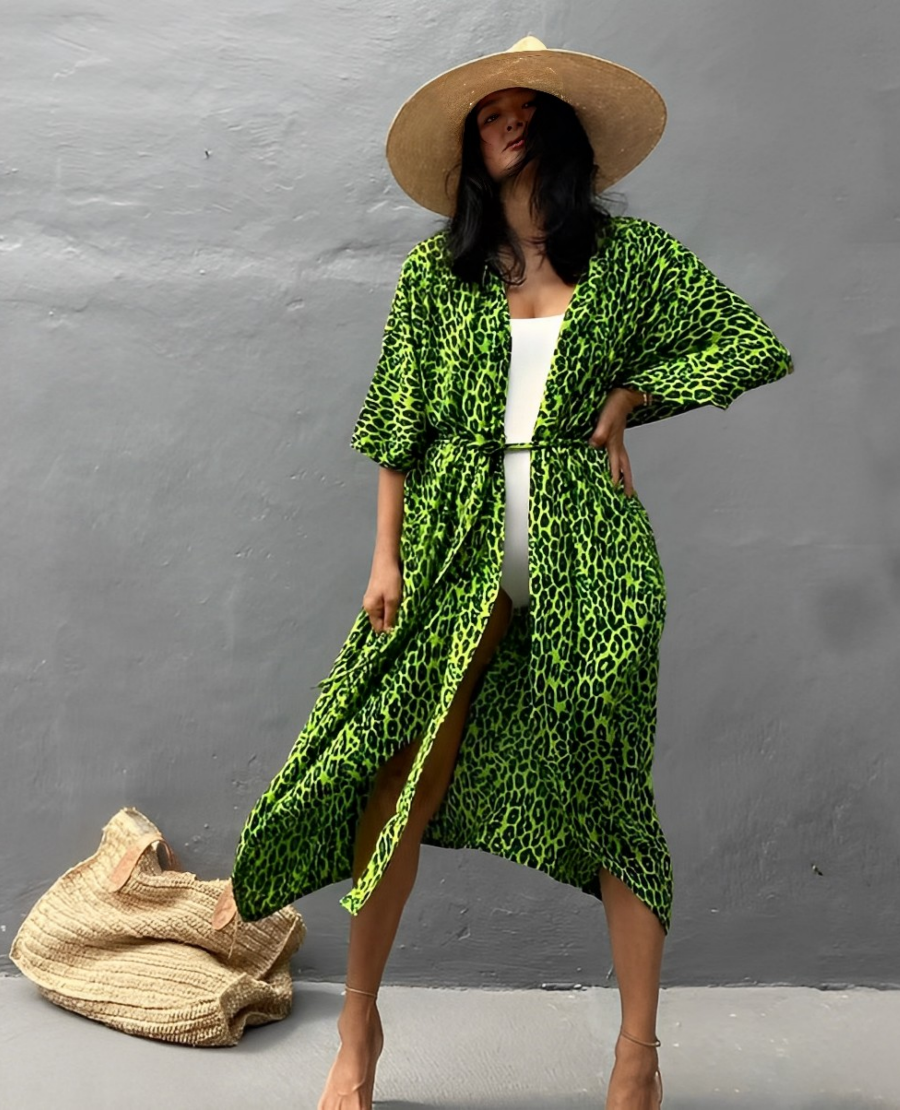 Mirla | Retro Kimono Lång, Mönstrad Strandkimono med Bälte för Damer-Eva Jonsson