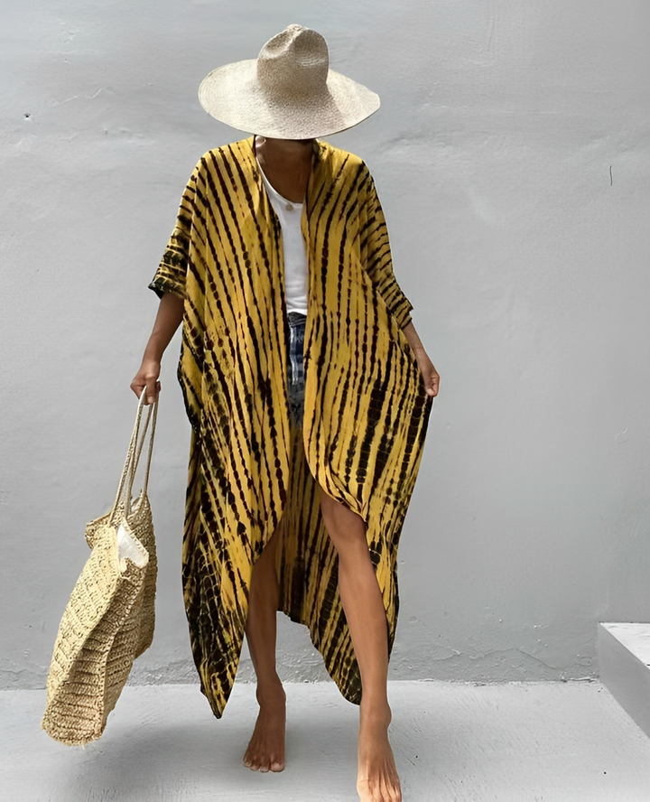 Mirla | Retro Kimono Lång, Mönstrad Strandkimono med Bälte för Damer-Eva Jonsson