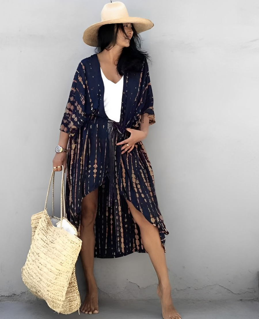 Mirla | Retro Kimono Lång, Mönstrad Strandkimono med Bälte för Damer-Eva Jonsson
