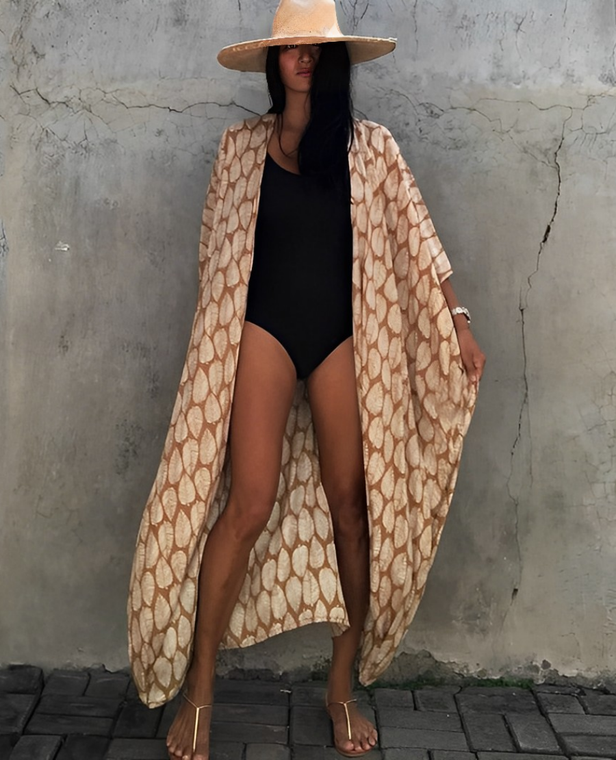 Mirla | Retro Kimono Lång, Mönstrad Strandkimono med Bälte för Damer-Eva Jonsson