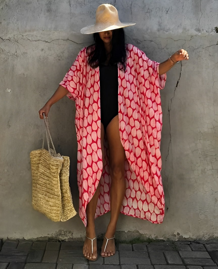 Mirla | Retro Kimono Lång, Mönstrad Strandkimono med Bälte för Damer-Eva Jonsson