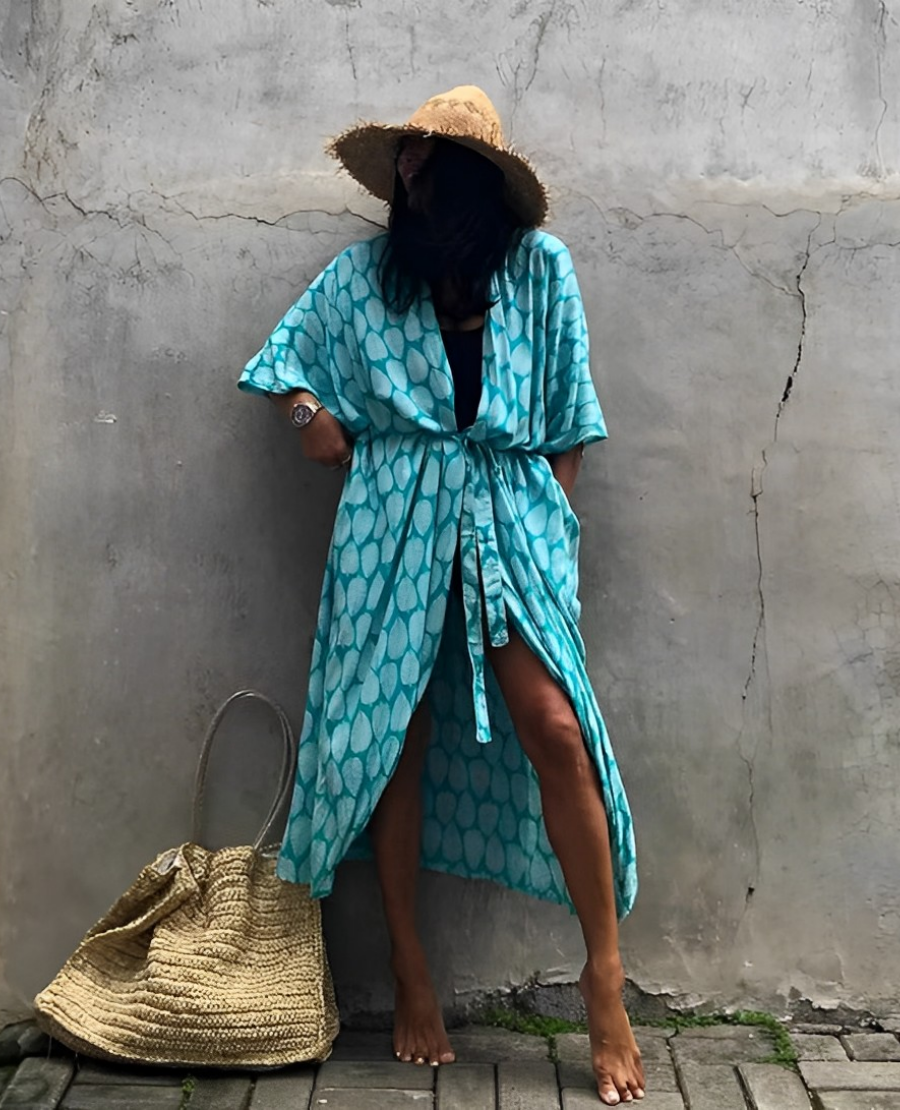 Mirla | Retro Kimono Lång, Mönstrad Strandkimono med Bälte för Damer-Eva Jonsson
