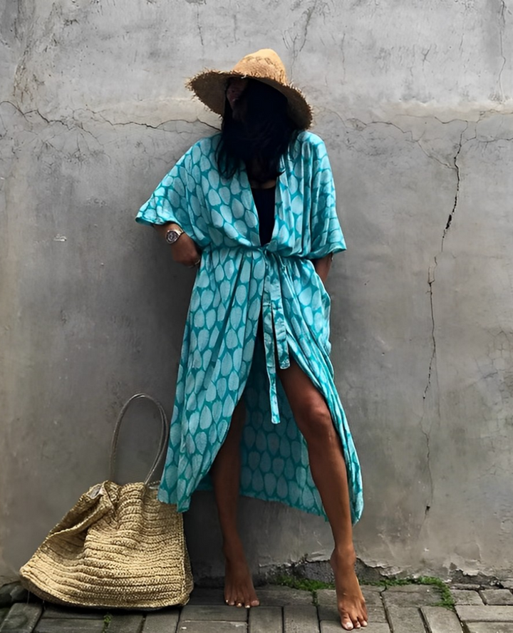 Mirla | Retro Kimono Lång, Mönstrad Strandkimono med Bälte för Damer-Eva Jonsson